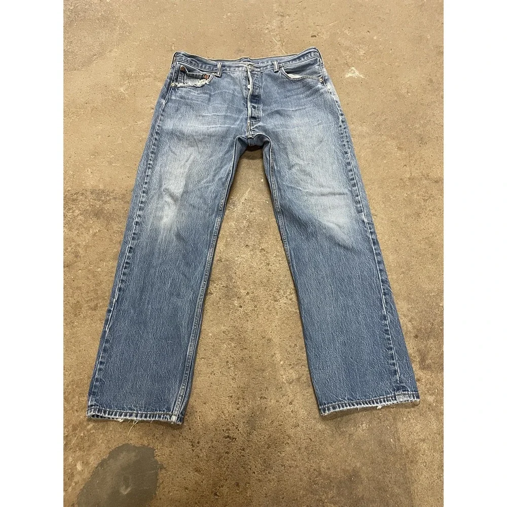 Levis 501 Jeans Mens 36x29 Light Wash Blue Straight Leg Button Fly Distressed